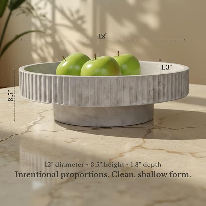 JUPTR Concrete Fruit Bowl (12") – Shallow Fluted Pedestal Decorative Centerpiece Bowl for Table, Entryway Catch-All & Modern Home Decor – Heavyweight Stone Bowl (Natural)