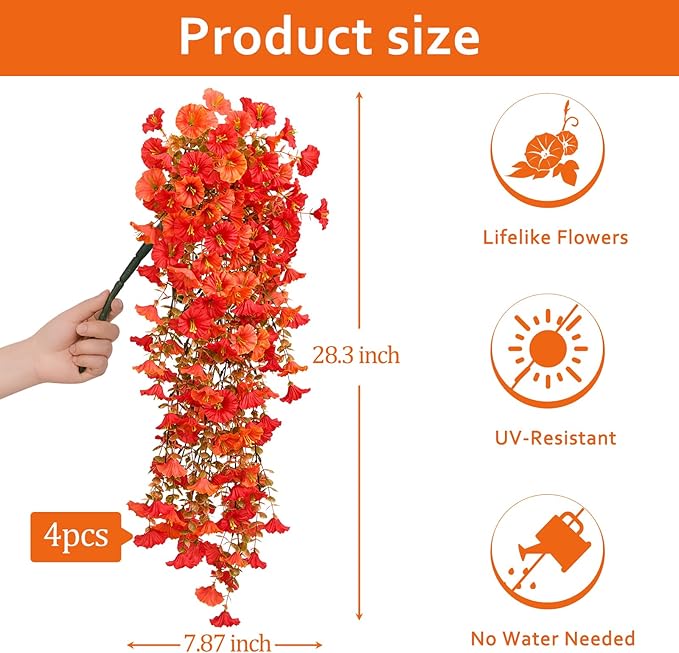 Serwalin 4PCS Artificial Fall Flowers for Outdoors, UV Resistant Fake Silk Artificial Hanging Plants Outdoor for Porch Patio Balcony Outdoor Planter Garden Yard Fall Decor(Orange&Red,4PCS)