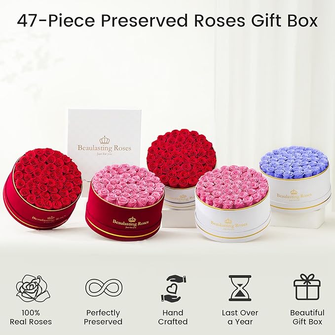 Beaulasting 47-Piece Forever Flowers Roses in a Box Preserved Roses for Her Mother's Day Birthday Flowers for Her Mom Women Wife Valentine's Day (Red)