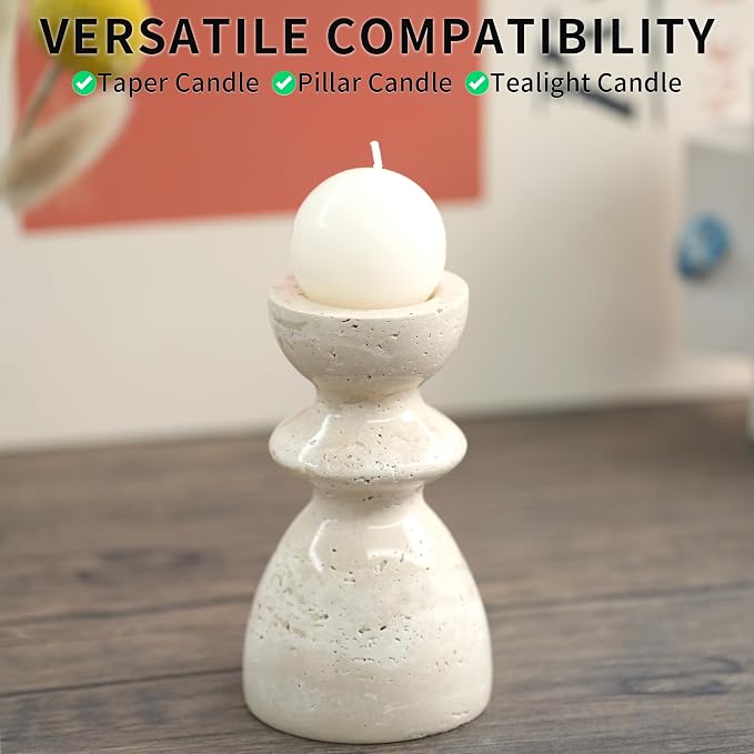 Travertine Marble Candlestick Holders - Stone Candle Sticks Holder Decor, Decorative Modern Candle Stands Multi-Purpose for Taper/Pillar/Tealight/Scented Candles