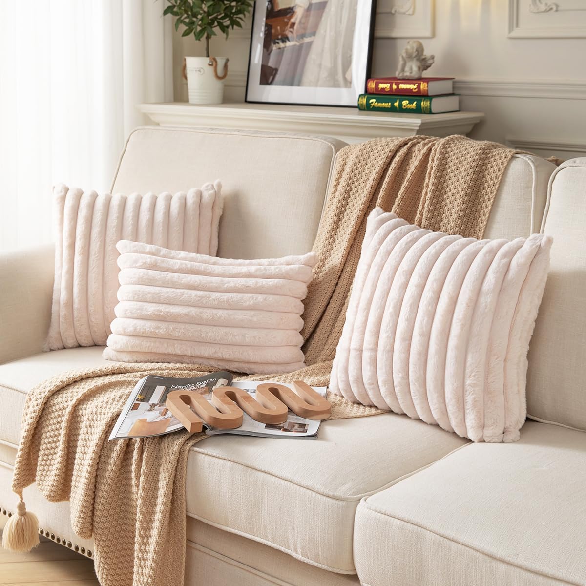 DEELAND Pack of 2,Double-Sided Faux Fur Plush Decorative Throw Pillow Covers Fuzzy Striped Soft Pillowcase Cushion Covers for Sofa Couch Bedroom Beige 12x20 inch