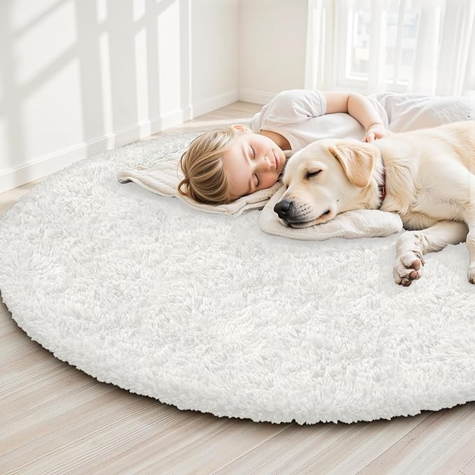 White Round Fluffy Rug 5ft,Soft Bedroom Circle Rugs Mats for Kids Girls Nursery Room,Washable Plush Shaggy Indoor Non Slip Rug for Bedside Living Room Bedroom Circular Carpet,Home Decor Aesthetic