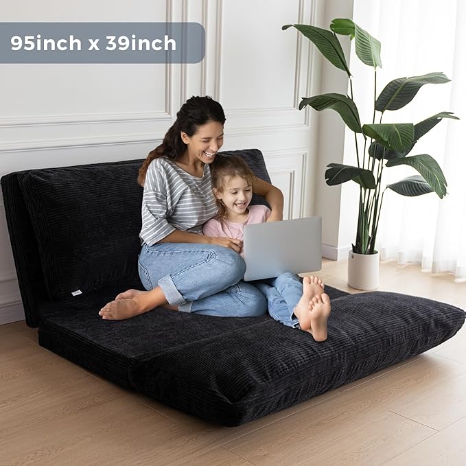 MAXYOYO Folding Sofa Bed, Extra Thick and Long Floor Sofa Convertible Chair with Washable Cover, Floor Couch Lounge Bean Bag Bed for Living Room, Black, 39x91 Inch