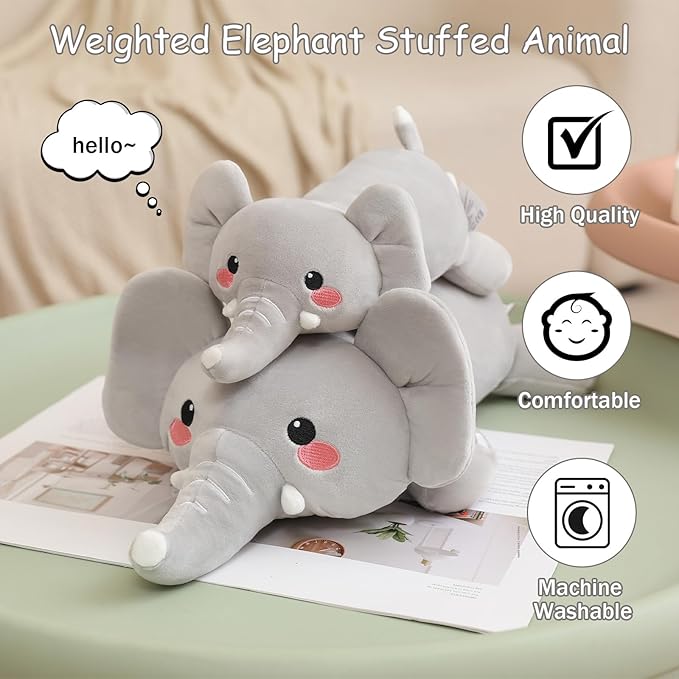 SQEQE Weighted Elephant Plush, Weighted Elephant Stuffed Animal, Cute Plushies Soft Pillow Toy Gift for Kids Adults 13.8 Inch, 1.6 Lbs