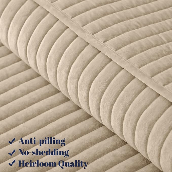PHF Luxury Velvet Quilt Set King Size – 3PCS Ultra Soft Quilted Comforter Alternative with Striped Channel, Cozy Quilted Bedspread, 1 Coverlet with 2 Matching Shams, 108" x 92", Oxford Tan
