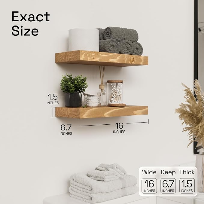 Natural Wood Floating Shelves for Wall 16 Inch Oak, Wooden Bathroom Shelf | Solid Wood, Wall Mounted, Kitchen Bedroom Living Room, Rustic Farmhouse, Natural Oak Finish, 16W × 6.7D, Set of 2