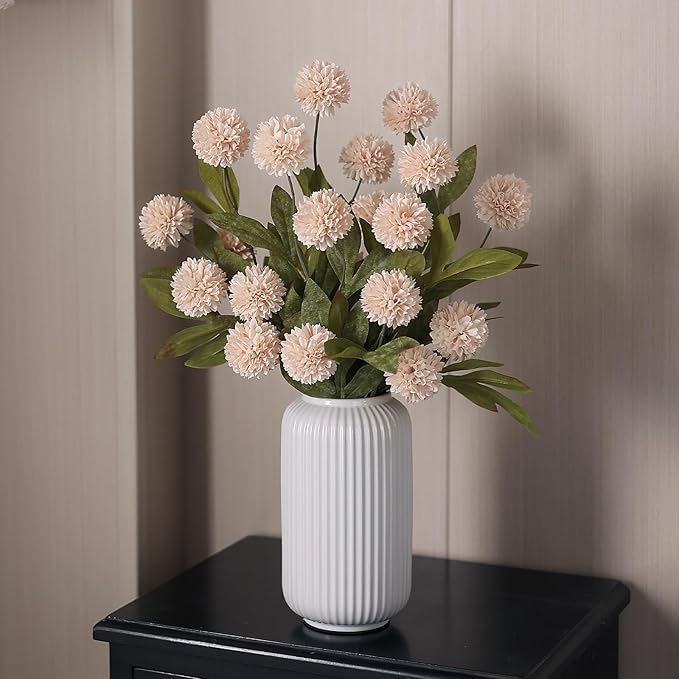 VIERENA 12 Pcs Faux Silk Pompon Mum Artificial Flowers for Vase -27", Bulk Fake Chrysanth Branches with Stems for DIY Bouquet Centerpieces Wedding Fillers Arrangements Shower Decorations (Beige)