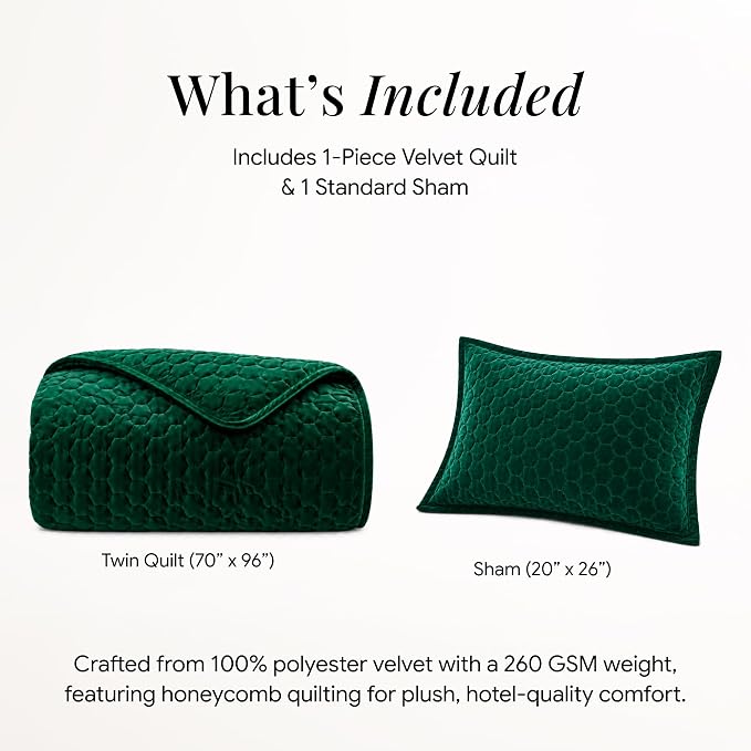 Tribeca Living Lugano Oversized Velvet Quilt Set - All Season, Extra Large, 2 Piece Twin Size Comforter Set with 1 Pillow Sham in Emerald Green Honeycomb Pattern 260GSM