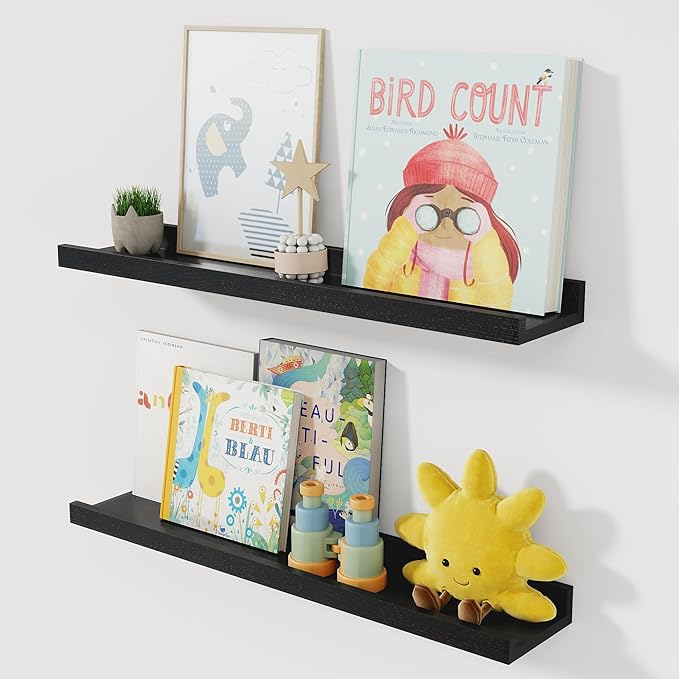 Acovy Solid Ash Wood Picture Ledge Shelf, 24 Inch, Black, Set of 2 | Floating Shelves with Lip, Wall Mounted, For Living Room Bedroom Nursery