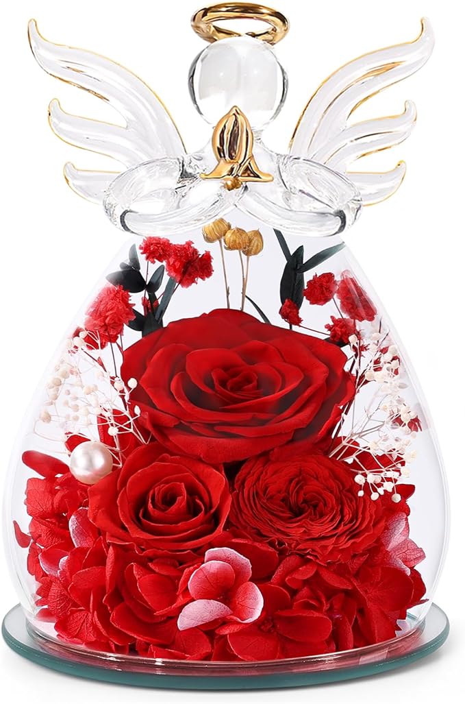 Bessol Gifts for Mom Birthday Flowers for Women Mothers Day Flowers for Delivery Preserved Roses Forever Flower in Glass Angel Figurines Fresh Eternal Rose for Grandma Wife Sister Daughter Friends
