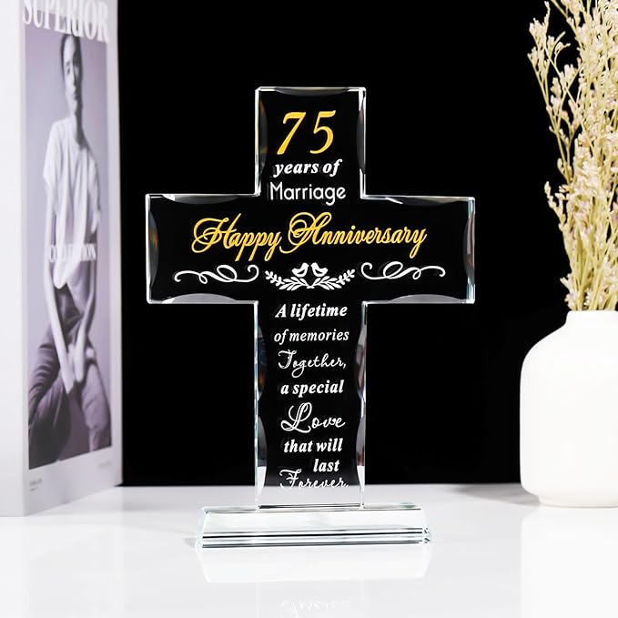 YWHL 75th Anniversary Cross Gifts for Parents Grandparents, Laser Carved 75 Years of Marriage Cross Decoration, 75 Years Wedding Anniversary Keepsake for Couple