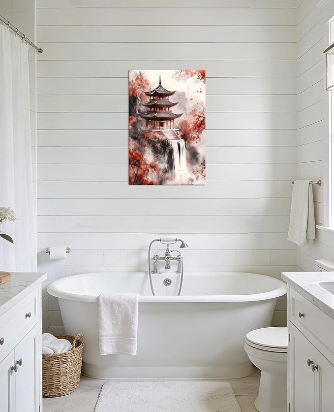 KPLUNDO Japanese Canvas Wall Art Red Decor Landscape Picture Pagodas Waterfall Paintings Prints Asian Artwork for Living Room Bathroom Home Office Decoration, 16x24 inch