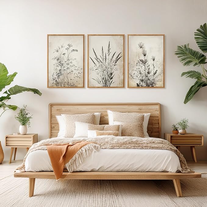 HOURIA 3Pcs Large Vintage Black White Botanical Floral Framed Canvas Wall Art Set(16"x24"),Retro Farmhouse Wildflower Wall Decor Rustic Minimalist Plant Flower Art Prints for Living Room Bedroom Office