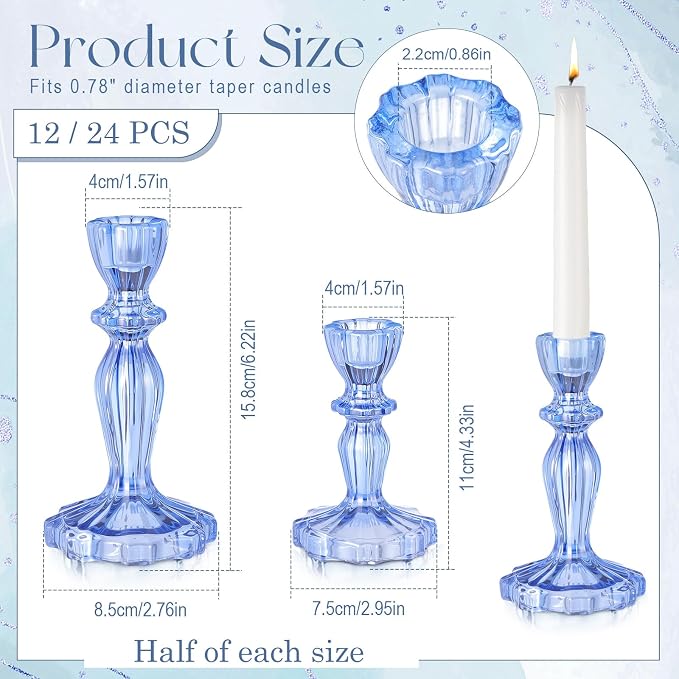 24 Pack Glass Candlestick Holders Set 4.3/6.1'' Taper Stripe Candle Holder Bulk Floral Shape Crystal Decorative Candle Stand Centerpiece for Table Wedding Dining (Blue)
