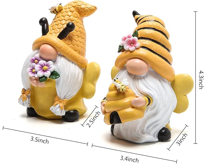Hodao Bee Gnomes Set of 2 - Honey Bee Day Resin Statues, Summer Spring Gnome Figurines Decor for Home Kitchen Tiered Tray, Cute Bumble Bee Bumblebee Decorations for Table Office Garden Shelf, 4.3" H