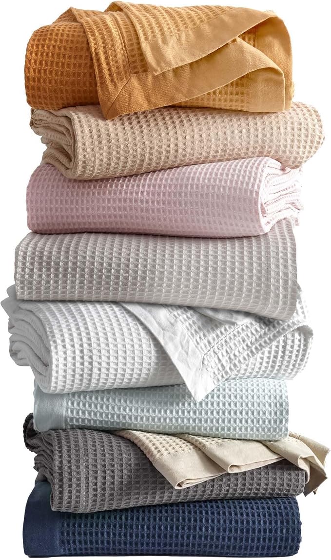 100% Cotton Blue Blanket Twin Size for Bed - Breathable and Soft, Waffle Weave for Summer Spring, 90x66 Inches (Pale Blue)