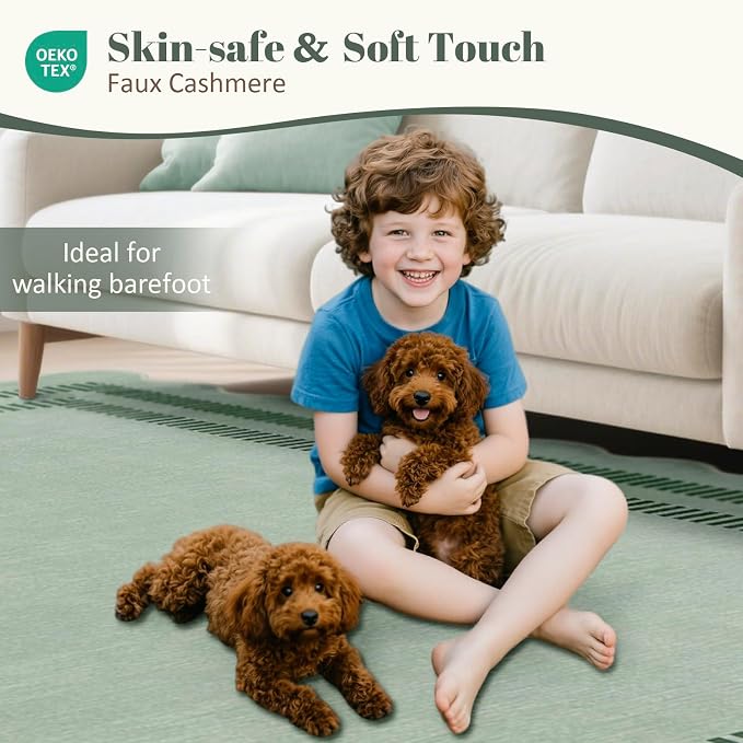 Scalloped Rug 5x7, Green Rugs for Living Room Ultra-Thin, Washable Area Rug Soft Rugs Non-Slip Throw Carpet for Bedroom ‎Dining Room Playroom