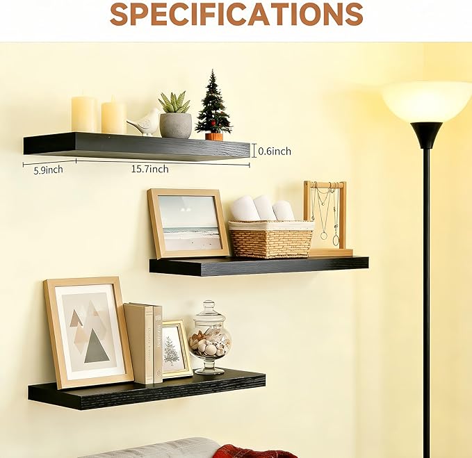 LifetimeWarranty Easy Install Floating Shelves,15.7" Wall Mounted Wooden Shelves, Small Wall Shelves for Storage&Wall Decor,Living Room,Kitchen,Office,Corner Shelf for Photo Book Plants,Set of 3 Black