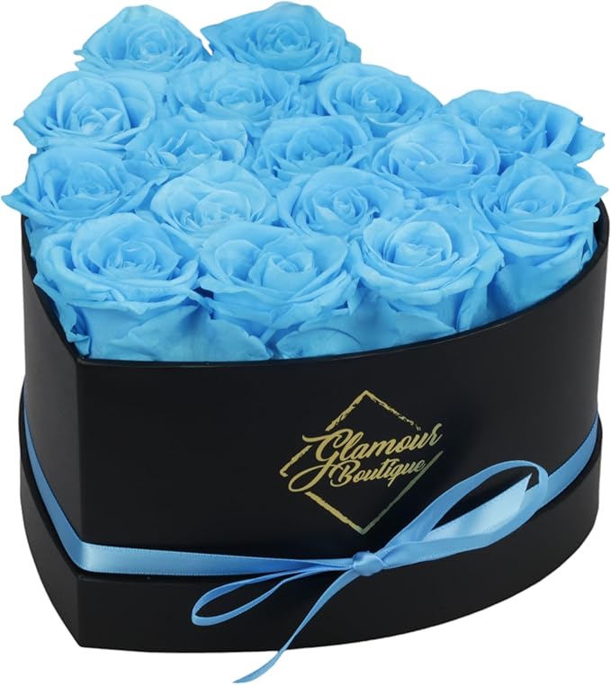 GLAMOUR BOUTIQUE 16 Flower Forever Heart Shape Box, Eternal Preserved Roses Gift for Her, Lasting Flowers, Romantic Floral Keepsake for Birthday, Anniversary or Valentine’s Day, Teal (Color-Treated)