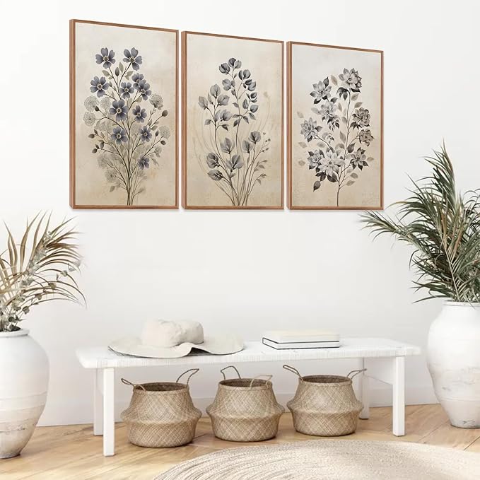 LHIUEM Vintage Flower Framed Canvas Wall Art,Boho Botanical Wall Decor,Rustic Beige Floral Painting,Nature Wildflower Artwork for Living Room,Bedroom,Dining Room,Farmhouse -16"x24"x3
