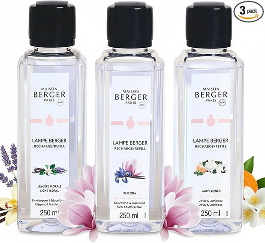 MAISON BERGER – Lampe Berger Fragrance Trio Refill for Home Fragrance Oil Diffuser – Odor-Neutralizing Home Fragrance Oil – 3 x 8.45 fl oz / 250 mL – Made in France (Trio Ophelia)