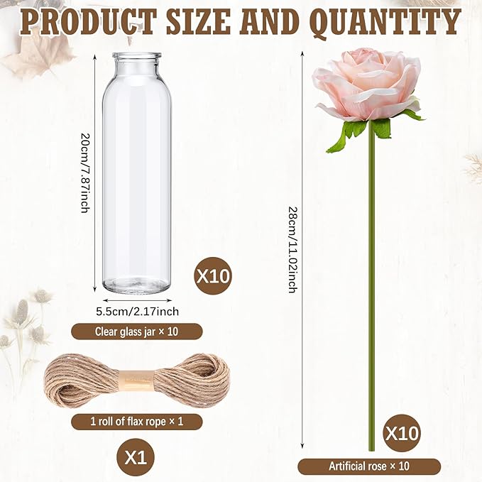Qinyoung 10 Set Dried Pampas Grass Centerpiece for Wedding Baby Shower Party 10 Glass Flower Jars 10 Artificial Roses 80 Dried Pampas Grass with Rope for Rustic Bridal Farmhouse Decoration(Pink)