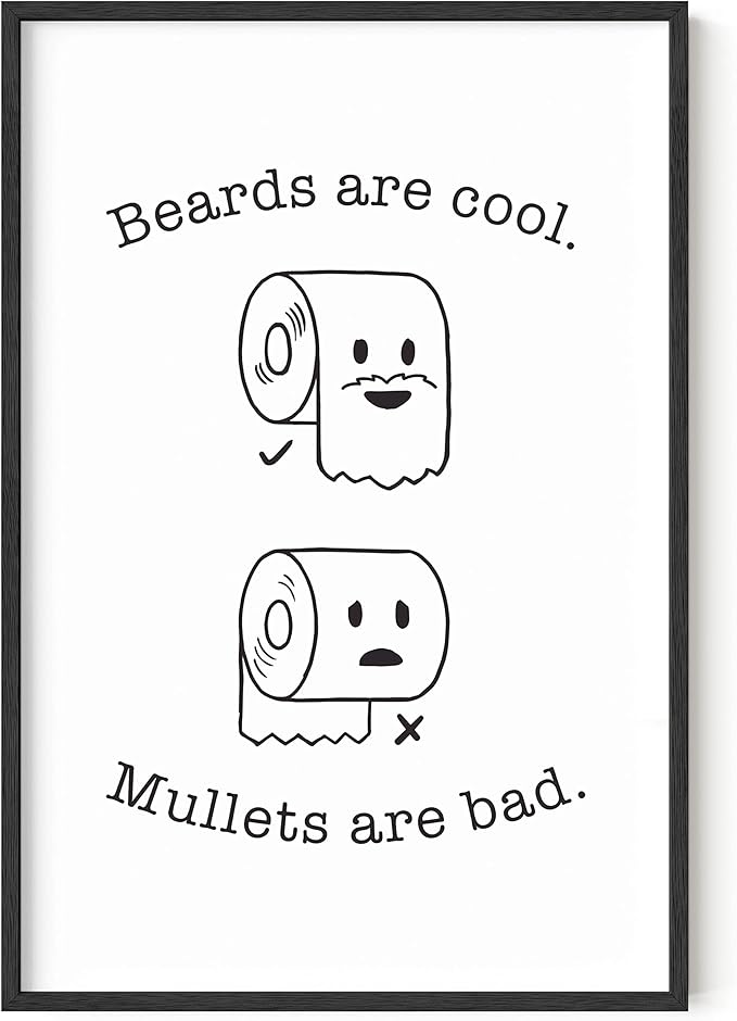 HAUS AND HUES Funny Bathroom Decor – Beard and Mullet Artwork, Playful Restroom Poster, Humorous Washroom Accent (24x36, Black Frame)