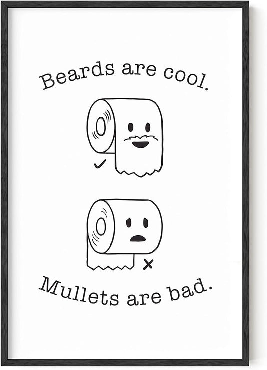 HAUS AND HUES Funny Bathroom Decor – Beard and Mullet Artwork, Playful Restroom Poster, Humorous Washroom Accent (24x36, Black Frame)