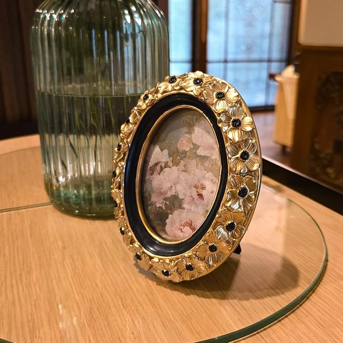 SYLVIA'S SHOP 2.5x3.5 Small Vintage Oval Picture Frame, Mini Antique Gold Ornate Photo Frame, for Tabletop and Wall Display, Decorative Floral Design Retro Home Decor, Photo Gallery Art