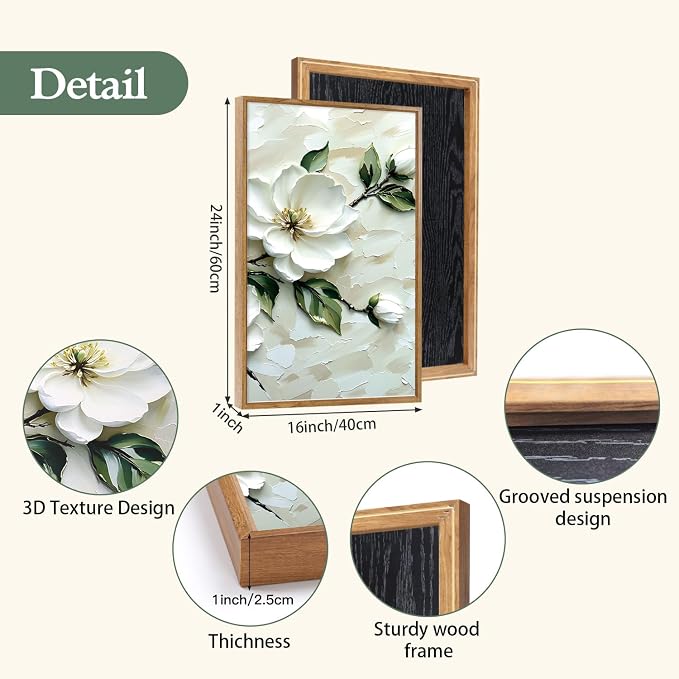 CHDITB 3D Impasto Textured White Magnolia Floral Relief Framed Canvas Wall Art Set, Neutral Beige Minimalist Wall Decor, Modern Texture Art Prints for Living Room Hallway Bedroom Home Decor 16"x24"x3