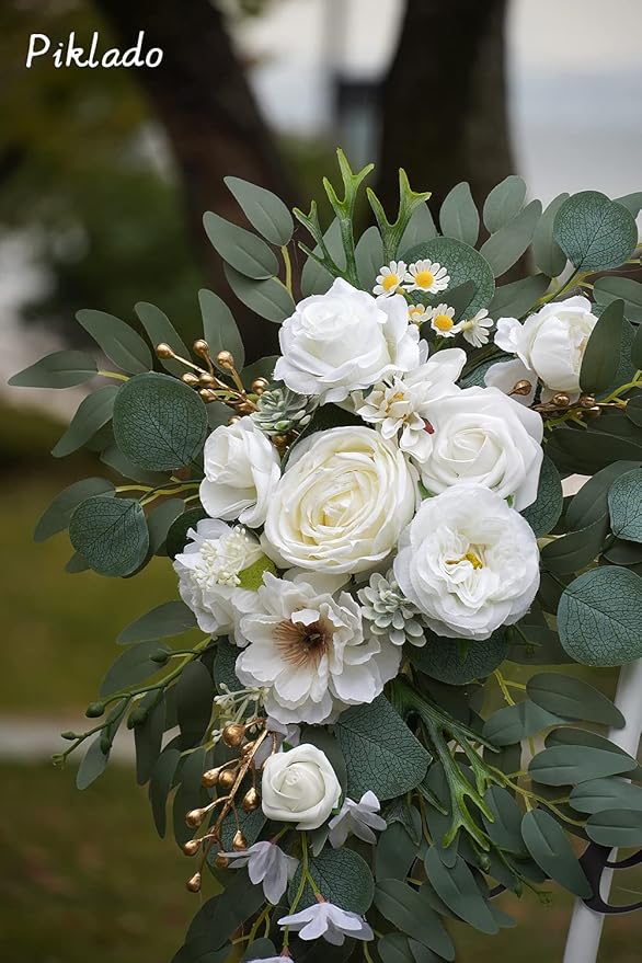 Faux Arch Flower Swag Set of 2 for Wedding Welcome Signs Floral Swag Wedding Reception Ceremony Signs Decor (White)
