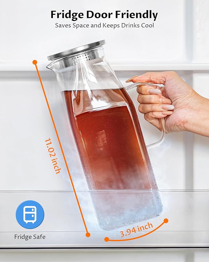 2-Pack 68oz Square Glass Water Pitcher with Lid – Borosilicate Carafes with Handle and Filter Lid for Hot & Cold Beverages, Iced Tea, Coffee, and Fridge Door Use