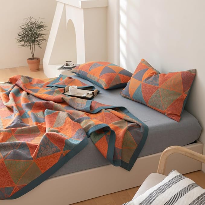 100% Cotton Muslin Blanket Jacquard Bohomian Mandala Triangle Quilt, Soft Bed Cover 3 Layers Reversible Bedspread Coverlet Breathable Lightweight Bedding King(98"x94"), No Pillow Sham
