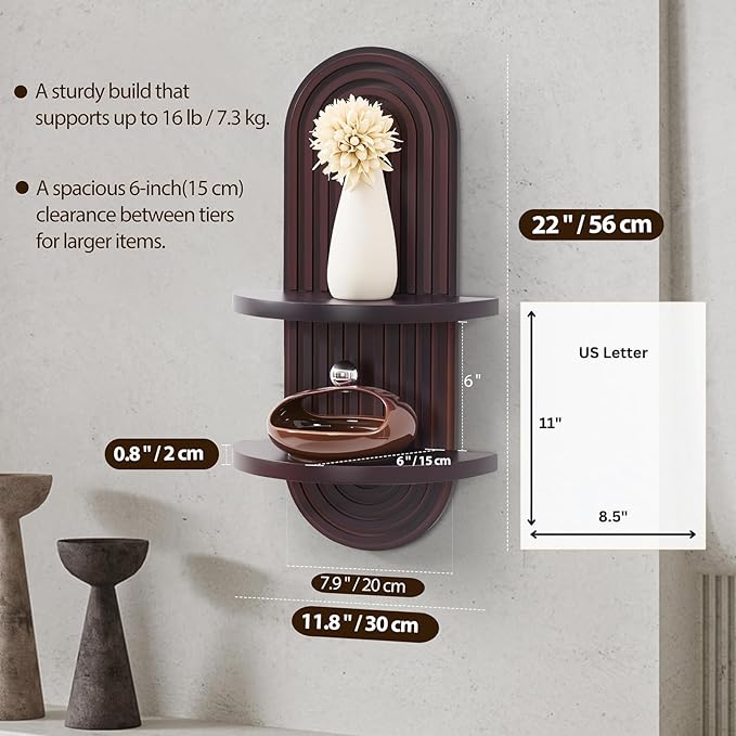 SweetSage Boho Wall Shelf with Arched Wood Design Mid-Century Rainbow Decor Floating Shelves for Home Bedroom Living Room Nursery Office 22 x 11.8 Inches Dark Brown