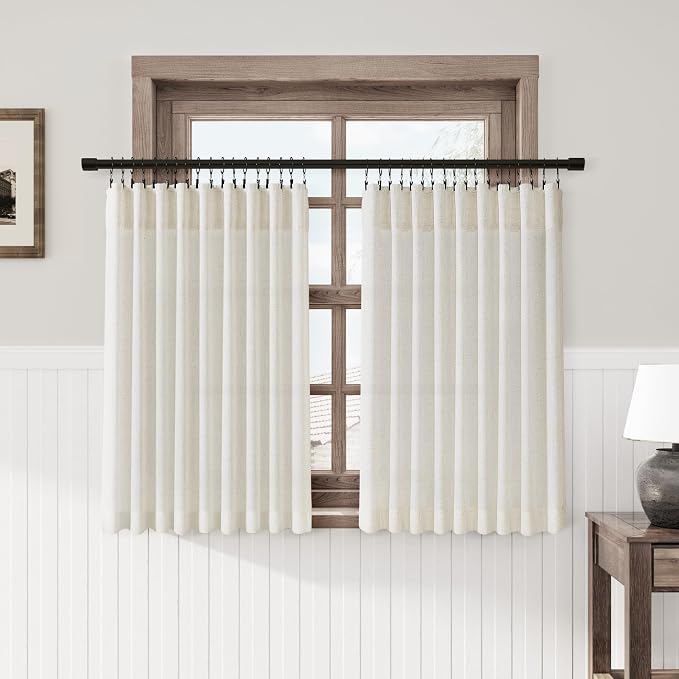Nanspring Linen Kitchen Curtains Vintage Flax 24 Inch Length Tiny for Small Windows Light Filtering Semi Transparent Drapes with Back Tab Rod Pocket Cream Laundry Room Decor 2 Panels 50Wx24L