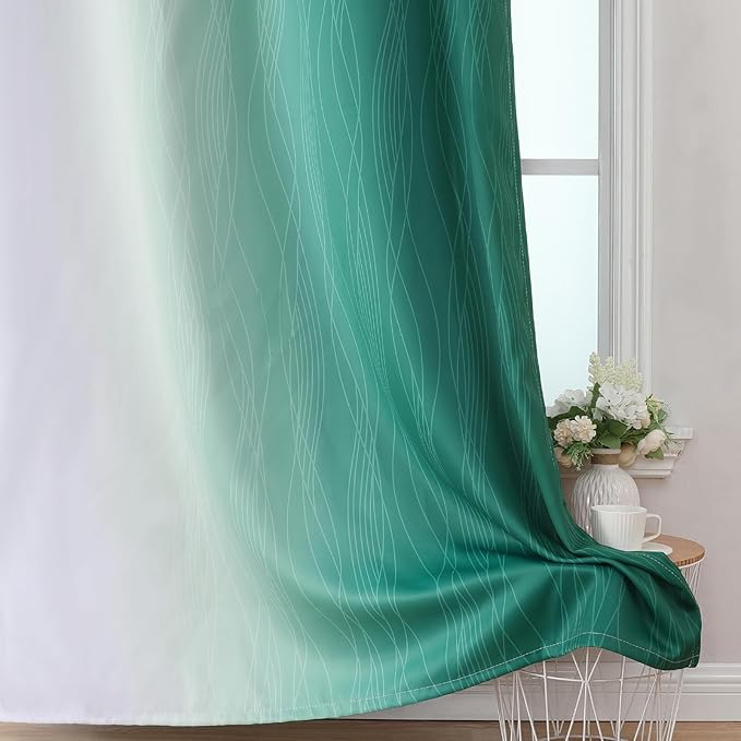 Estelar Textiler Green and Greyish White Ombre Blackout Curtains 54 Inch Length 2 Panels, Full Room Darkening Gradient Drapes for Kitchen, Thermal Insulated Grommet Short Curtains for Bedroom,42Wx54L