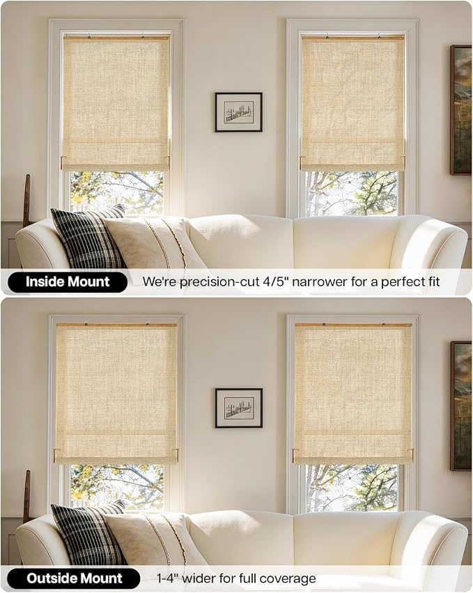 LazBlinds Manual Roll-up Bamboo Blinds, 30" W x 72" H, Star-Beige | Easy Install Roller Shades for Windows, Hook-On Light Filtering Bamboo Shades for Interior Indoor Windows