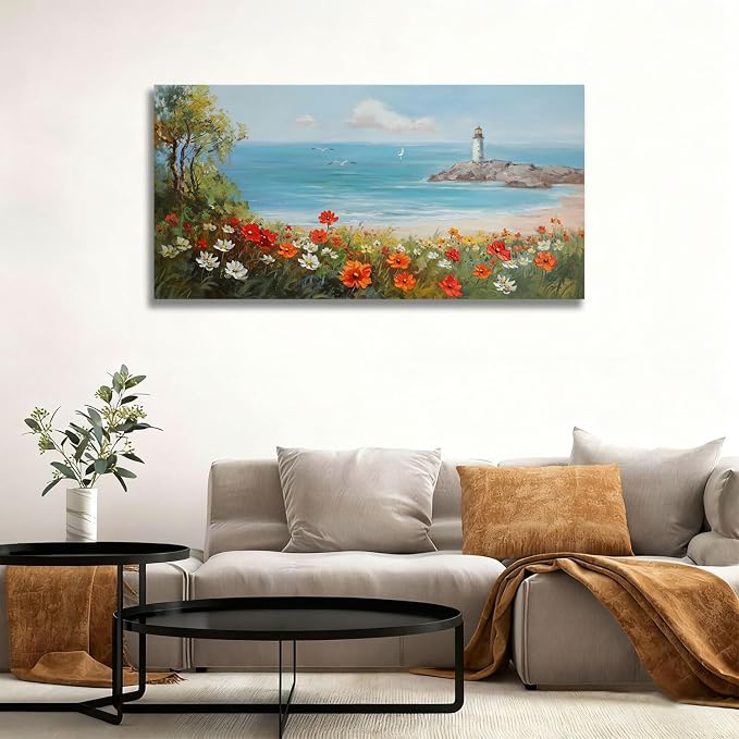 Ardemy Lighthouse Framed Canvas Wall Art for Living Room Blue Ocean Painting Seascape Landscape Coastal Picture Textured Bedroom Artwork Home Office Wall Decor, Large 40"x20"