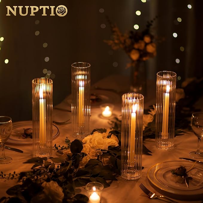 NUPTIO Fluted Candle Holder Set: Bulk Hurricane Candlestick Holders with Ribbed Glass Cylinder Sleeve - Set of 10 Tapere Candle Stick Stand for Fall Thanksgiving Christmas Decor