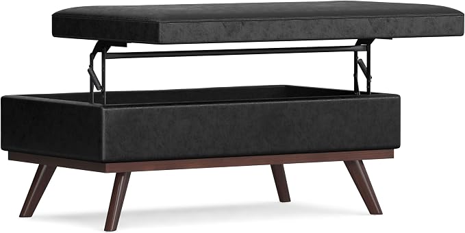 SIMPLIHOME Owen Lift Top Coffee Table Storage Ottoman - 42 inch Wide Upholstered Vegan Leather Rectangular Lift-Top Ottoman in Distressed Black, Mid-Century Modern Ottoman for Living Room