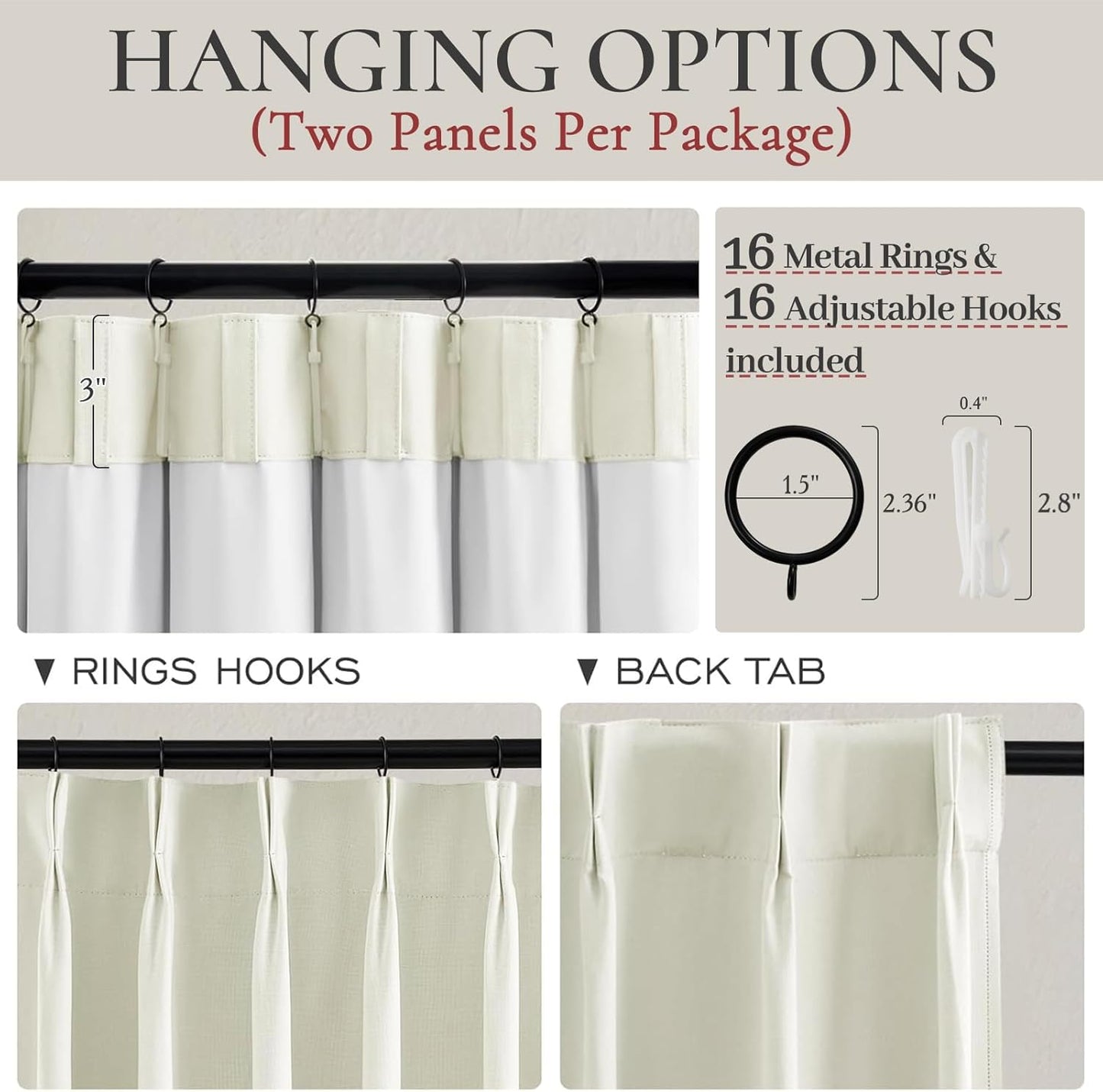 Ivory White Pinch Pleated Complete Blackout Curtains & Drapes 84 Inch Length 2 Panels Set, Flax Linen Room Darkening Soundproof Window Curtains with Hooks Rings for Bedroom Living Room Track System