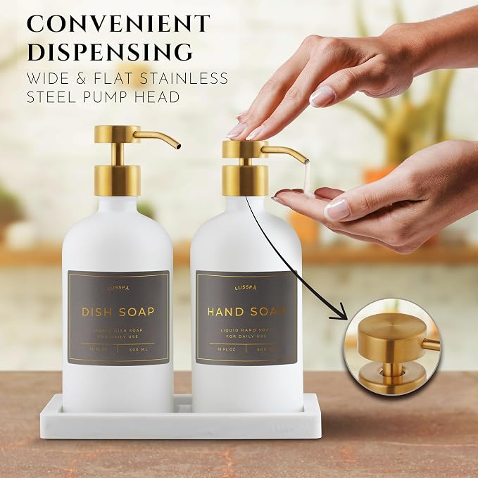 Glass Soap Dispenser Set of 2 (White) with Silicone Tray | Hand and Dish Soap Dispenser for Kitchen and Bathroom | 16.8 Oz Glass Bottles with Stainless Steel Pump & 15 Waterproof Labels (White/Gold)