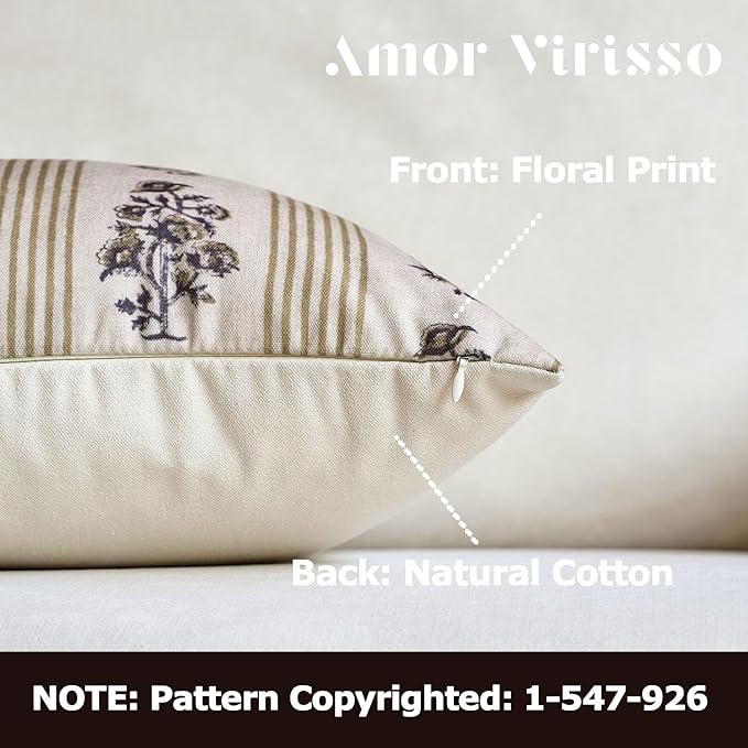 Amor Virisso Floral Throw Pillow Covers 24x24 Set of 2 Block Print Pillow Covers Neutral Floral Striped Farmhouse Decorative Pillow Covers for Sofa Couch Bed, Yellow