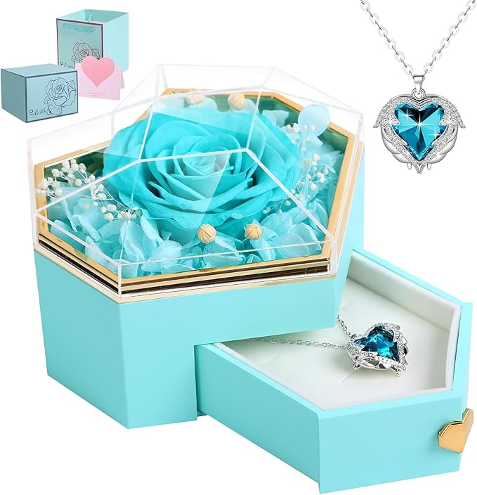 Preserved Cyan Real Rose with Necklace Forever Flowers Diamond shaped Box for Mom Wife Girlfriend Grandma on Mothers Day Birthday Valentines Christmas Anniversary Beatiful Gifts for women
