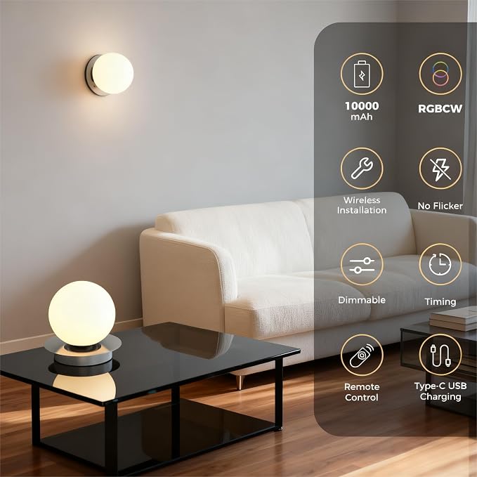 L LOHAS LED Battery Operated Wall Sconce Set of 2, 2-in-1 Rechargeable 10000mAh Wireless Globe Wall Lights with Remote, 16 RGB Colors Dimmable Modern Satin Nickel Sconces for Bedroom Living Room Decor