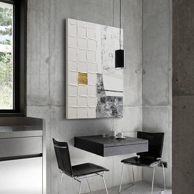 Modern Textured Abstract Blocks Wall Art, Gray White Oil Painting Artwork | Minimalist Neutral Hand-Painted Canvas Wall Art, Large Vertical Wall Decor for Living Room Bedroom 24x36 Inch, Ready to Hang