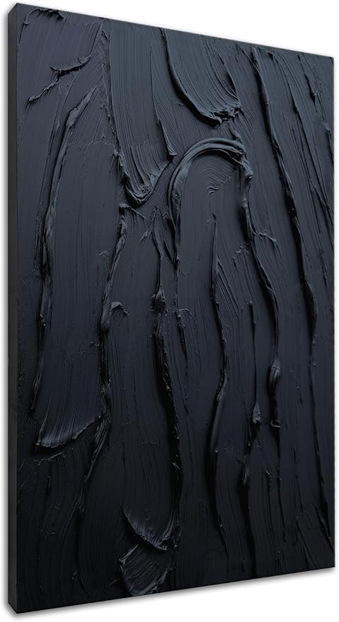 zoinart Hand Painted Pure Black Wall Art Minimalist Oil Painting 24x36 Inches Vertical Thick Textured Wall Art Home Office Decoration