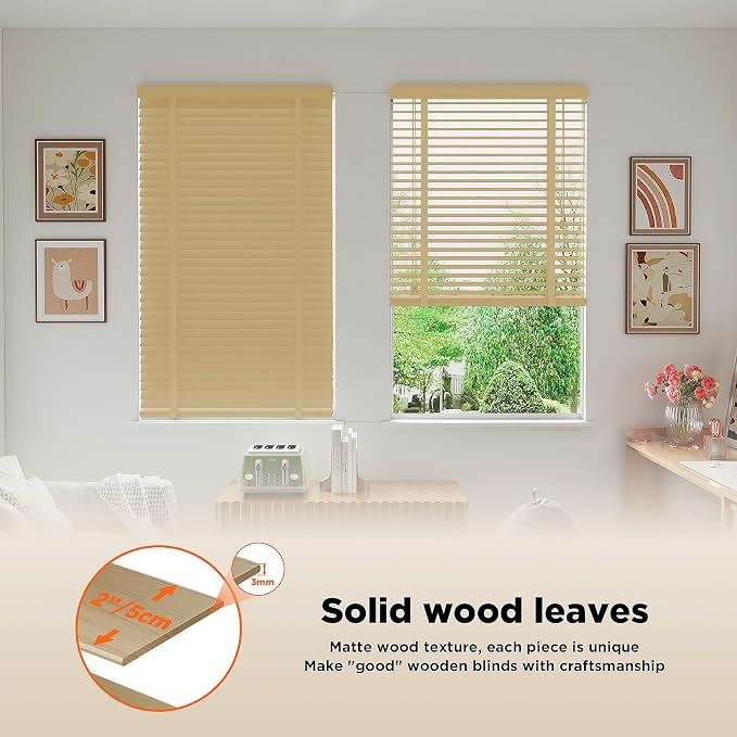 2" Slats Wood Blinds for Indoor Windows: Solid Wooden Blackout Blinds & Shades,Black Out Privacy Horizontal Blinds for Home Bedroom Bathroom Living Room Windows and Doors Beige