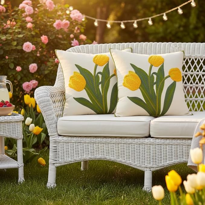 Spring Pillow Covers 16x16 inch Pack of 2 Yellow Tulip Flower Embroidery Throw Pillow Covers Square Farmhouse Floral Summer Decor Pillow Case for Couch Cotton Canvas Cushion Cover