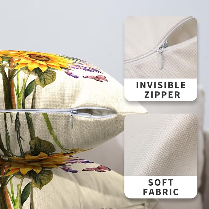 Sunflower Butterfly Throw Pillow Covers Tulip Iris Lavender Throw Pillow Covers Spring Summer Rustic Flower Pillow Cases 24x24 Rustic Floral Cushion Cases for Home Couch 2Pcs